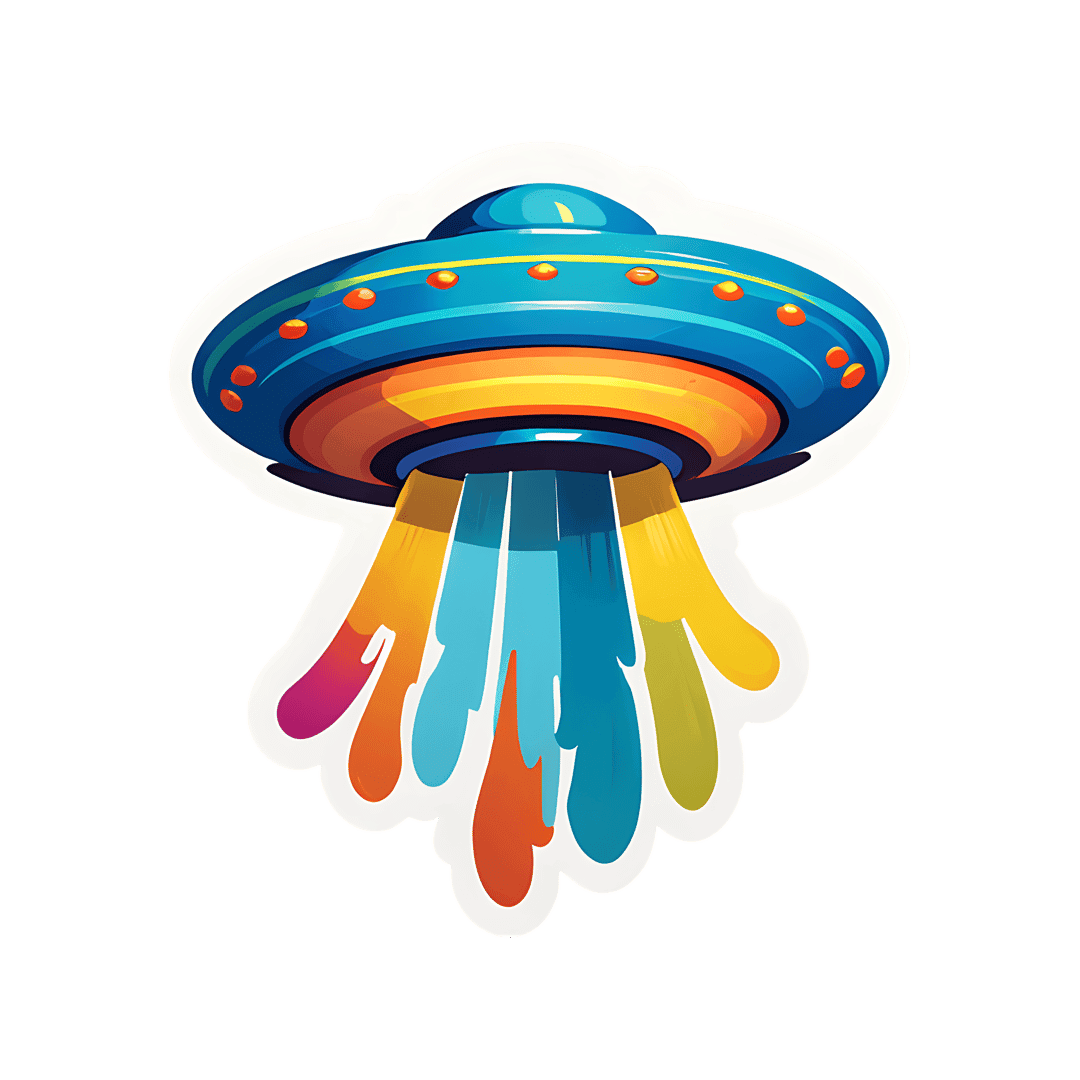 UFO sticker emitting rainbow light beams from a blue flying saucer with a bold white outline and orange base.