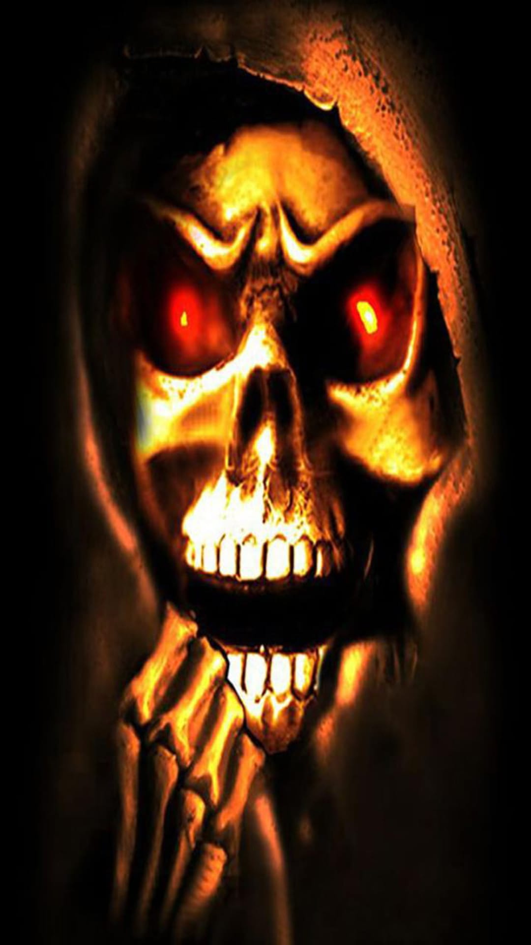 Skeletal grim reaper with glowing red eyes and a bony hand reaching out, illuminated by orange and yellow fire.