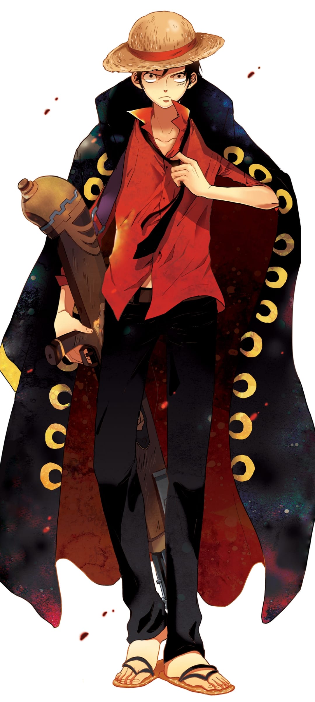 Pirate captain in a straw hat and red shirt wears a black cloak with golden moon patterns while holding an object.