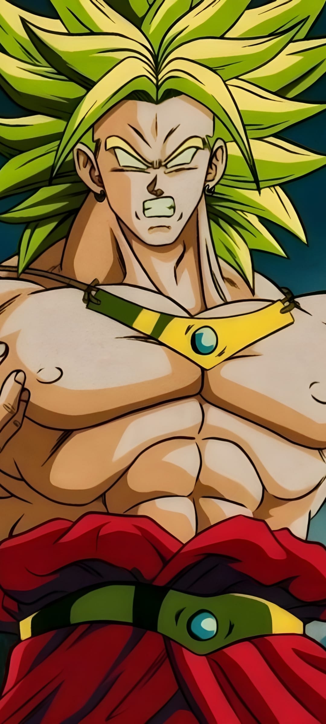 Broly with spiky green hair and bulging muscles screams in rage while surrounded by a glowing emerald aura.