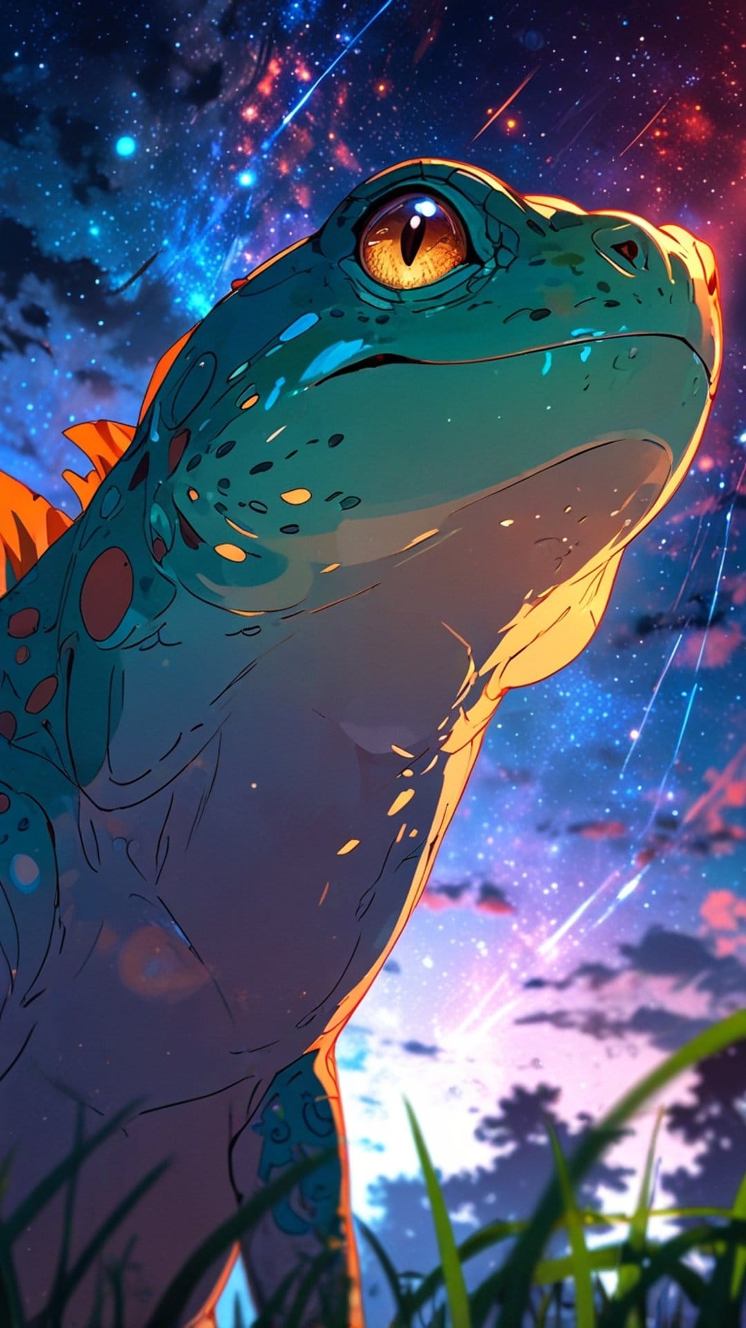 Stylized frog with orange eyes gazes at a purple starry sky with falling meteors above a patch of green grass.