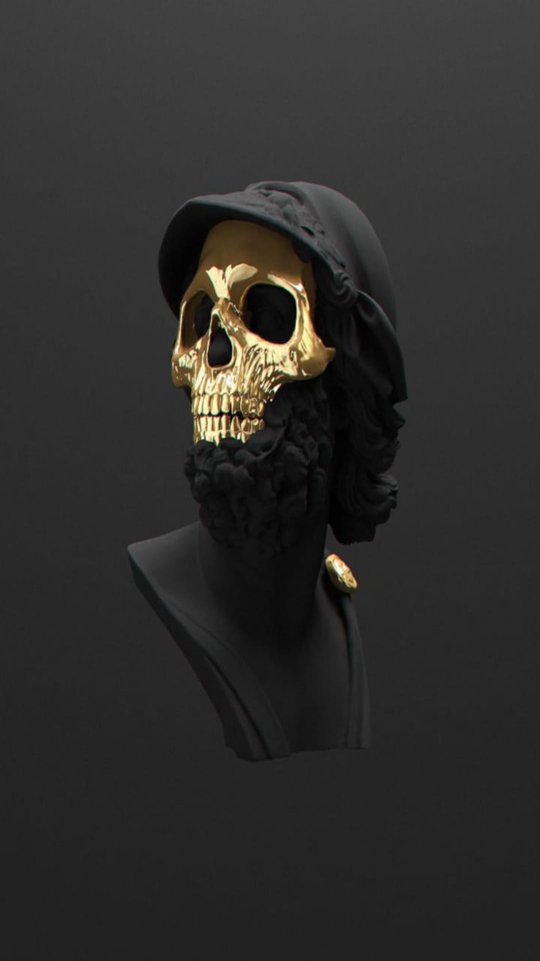 Polished gold skull bust wearing a black hooded robe and dark beard with a small gold shoulder ornament.