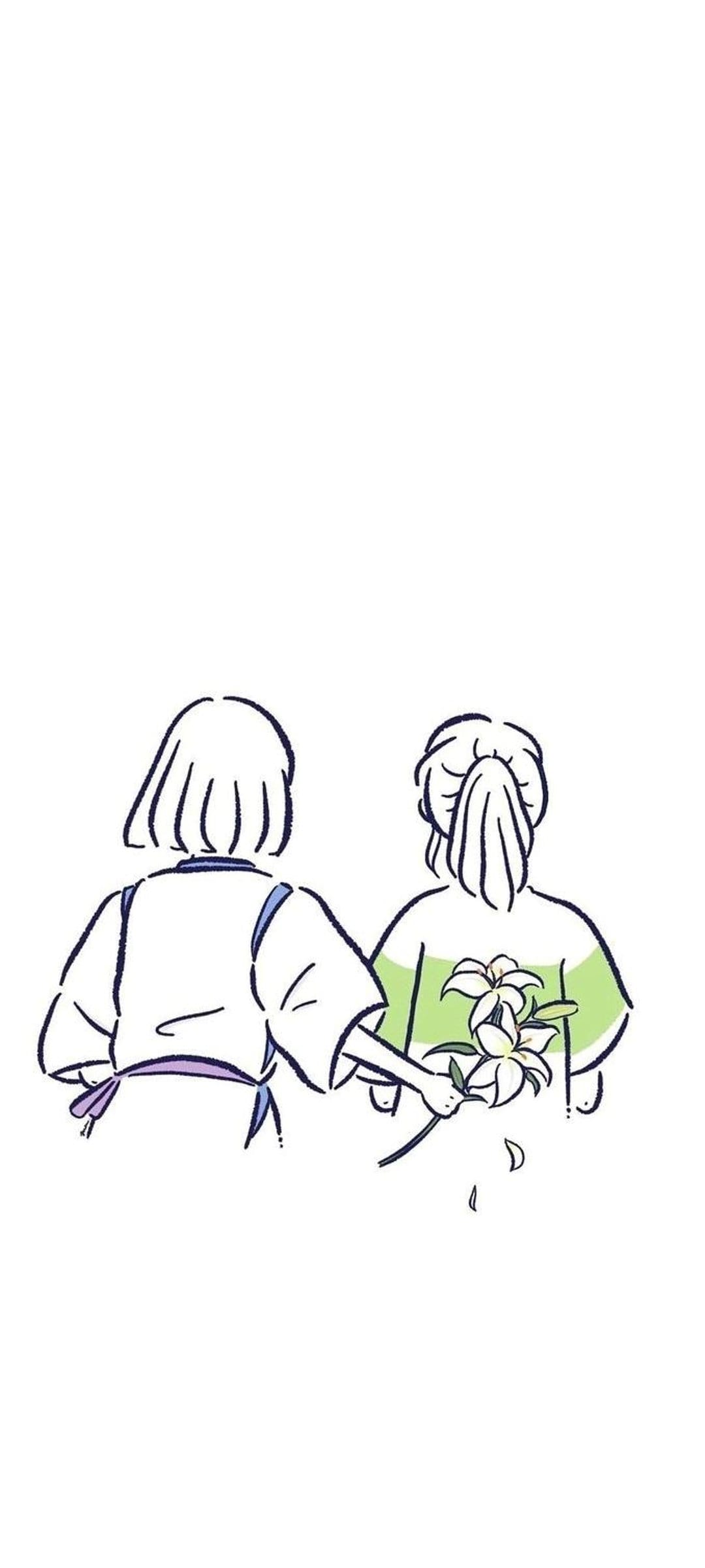 Two figures seen from behind share a bouquet of white lilies wearing a striped shirt and purple-trimmed robe.