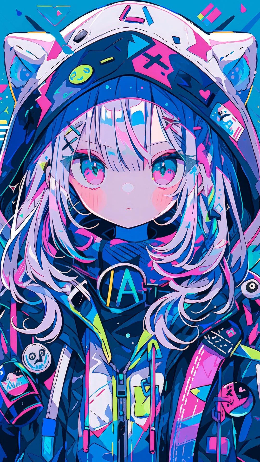 Anime girl with pink and blue hair wears a glowing neon jacket and cat ears in a futuristic portrait style.