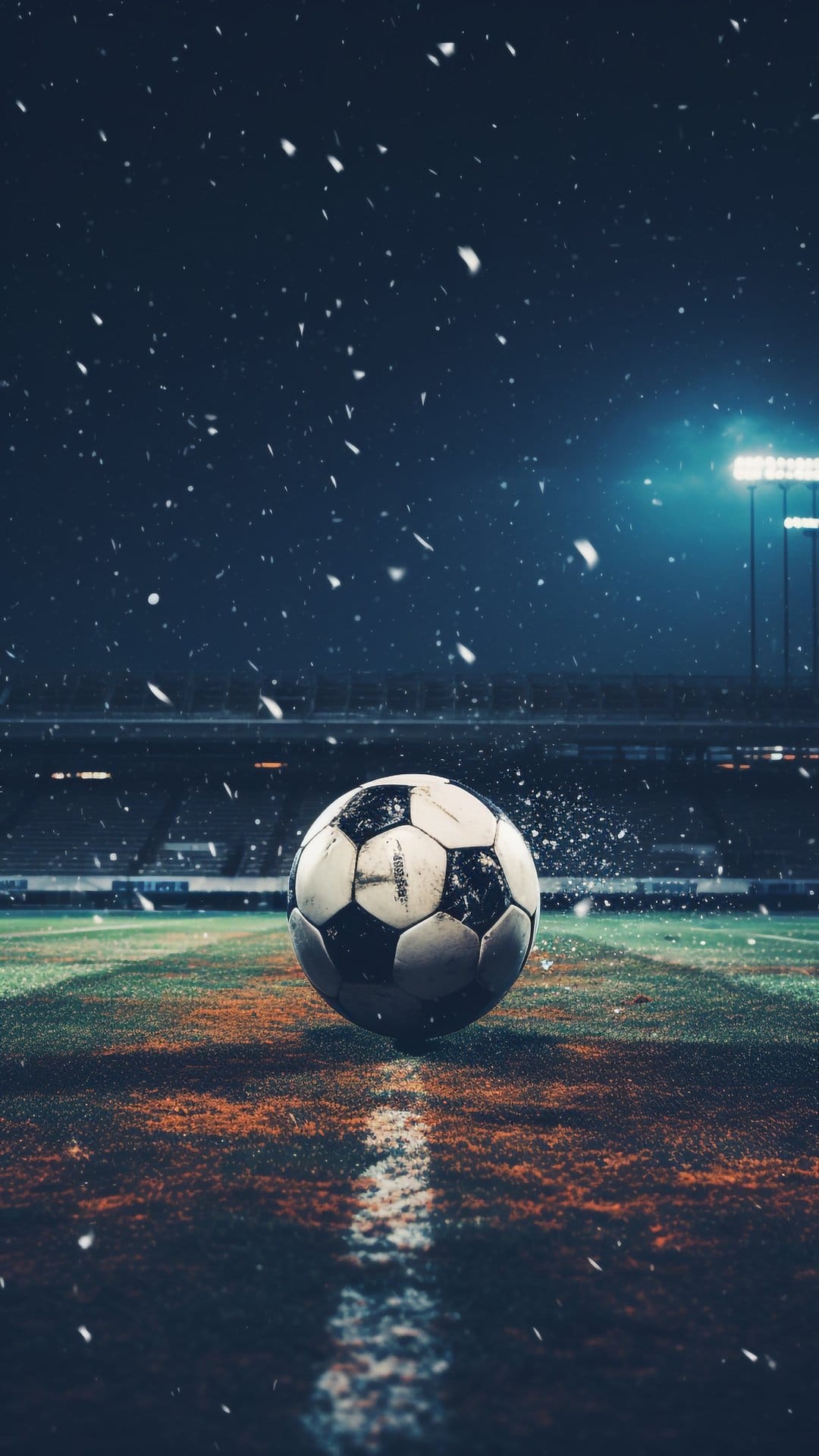 Soccer ball resting on a snowy grass field under bright stadium floodlights during a cold winter night match.