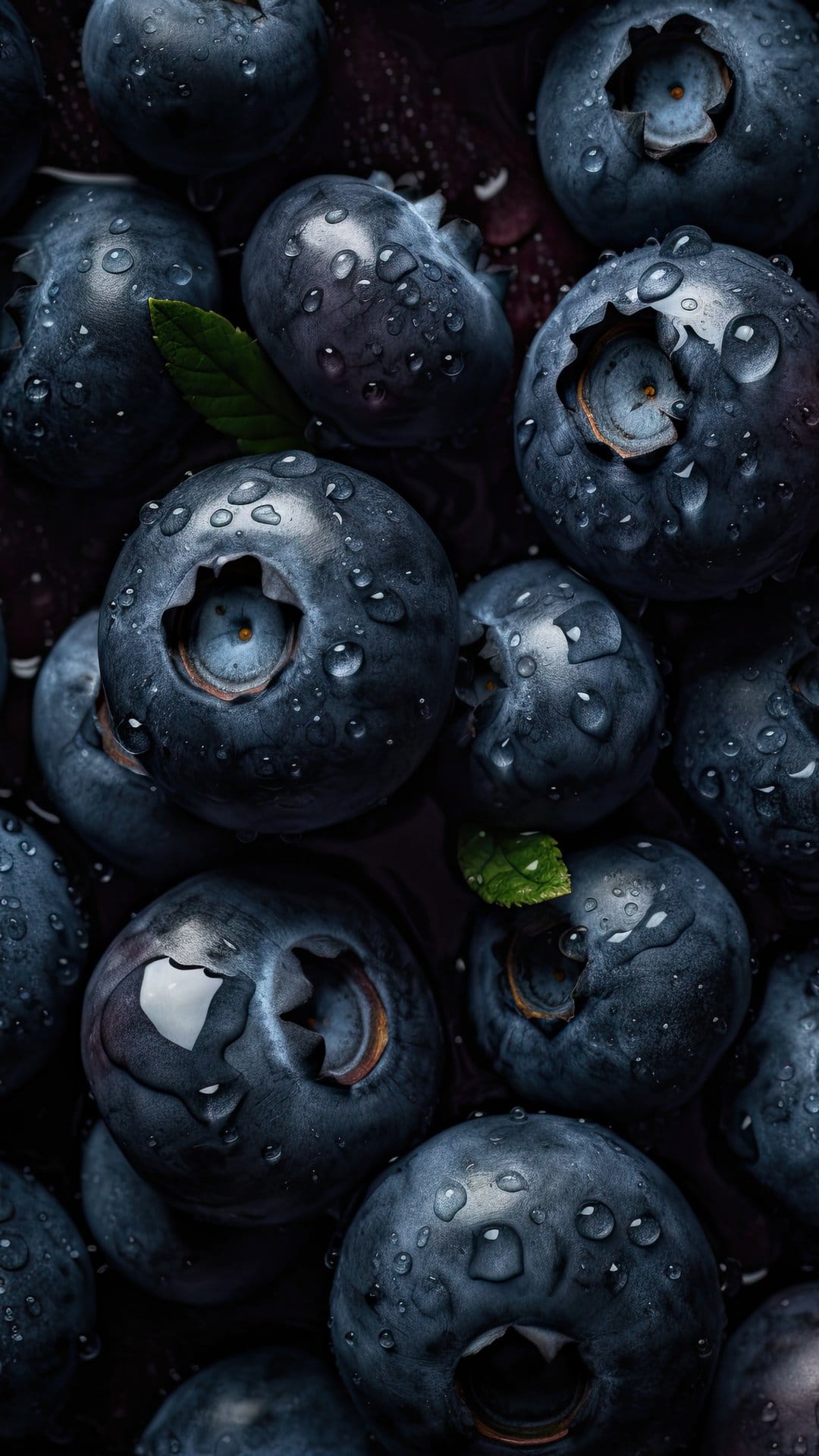 Blueberries with clear dew droplets on their skin are clustered together against a dark, out-of-focus background.