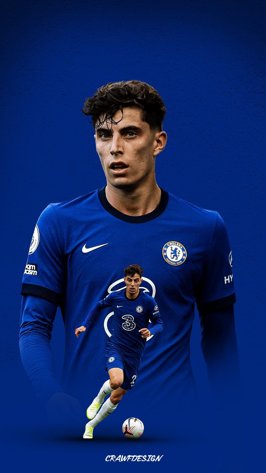 Kai Havertz in a blue Chelsea soccer jersey with a large facial portrait over a smaller action shot dribbling.