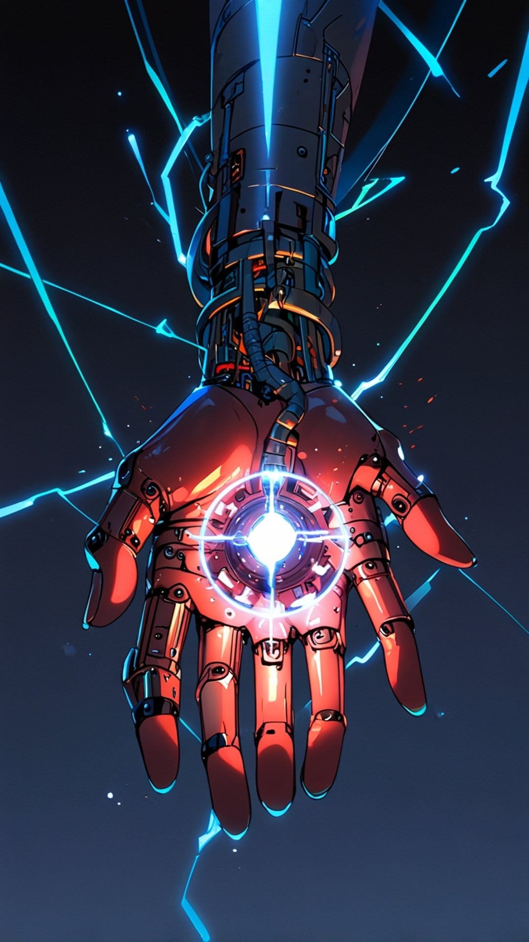 Robotic hand with red armor plates holds a glowing blue energy orb while electric sparks arc across dark space.