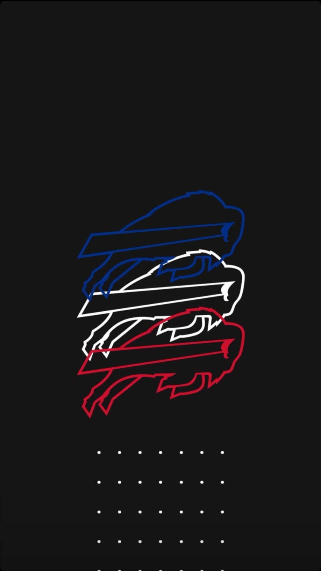 Charging buffalo logo outlines in blue, white, and red stacked on a black background with a white dot grid.
