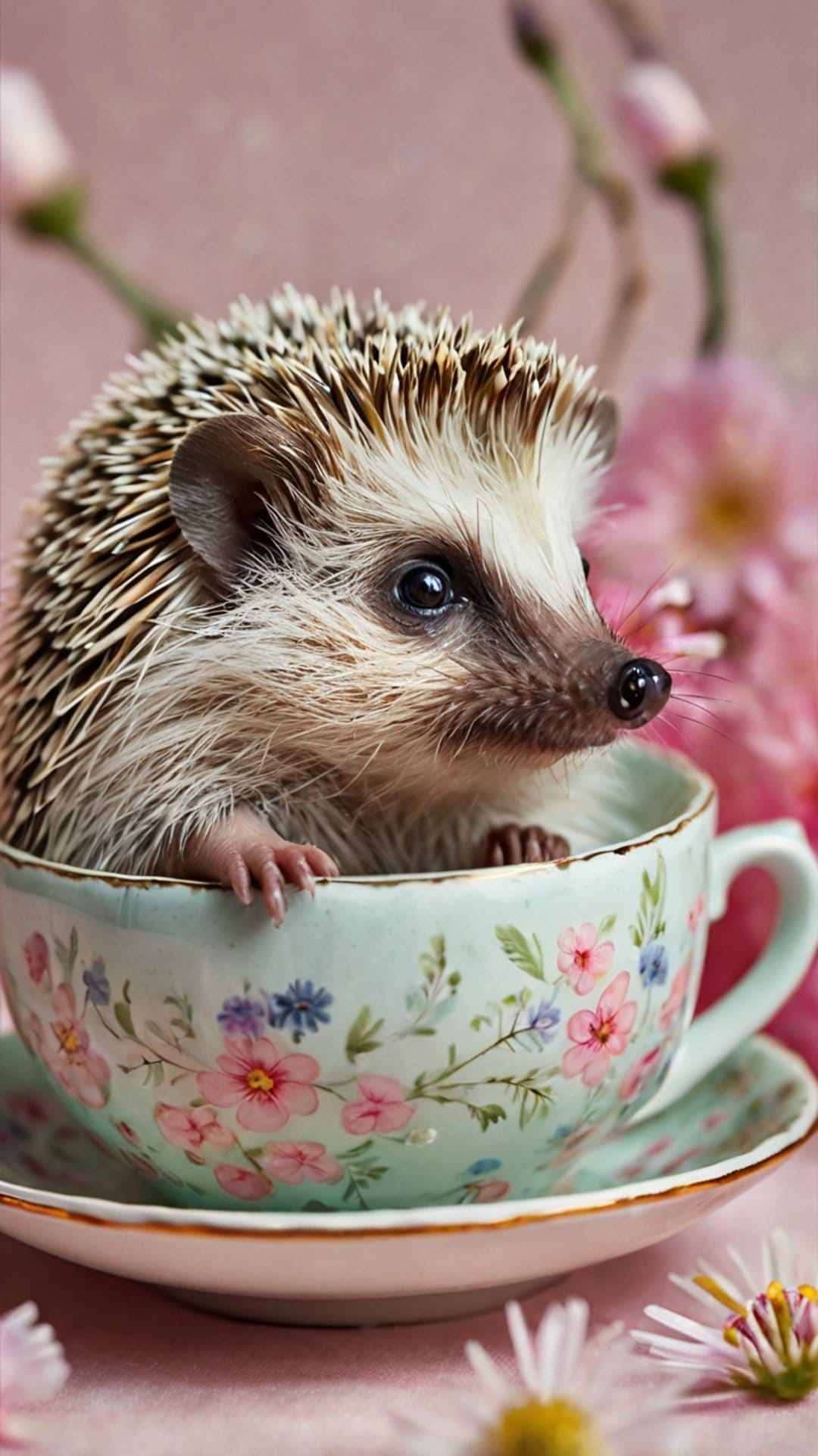Hedgehog peeking out of a floral teacup surrounded by soft pink flowers and green leaves with a blurred background.