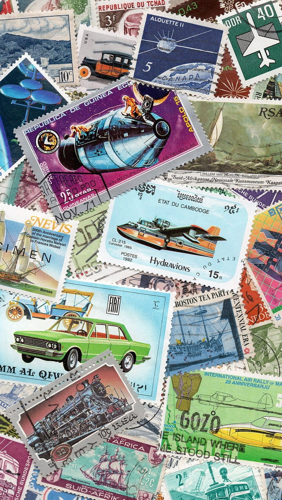 Antique postage stamps depicting vintage cars, sailing ships, and astronauts in a vertical collage arrangement.