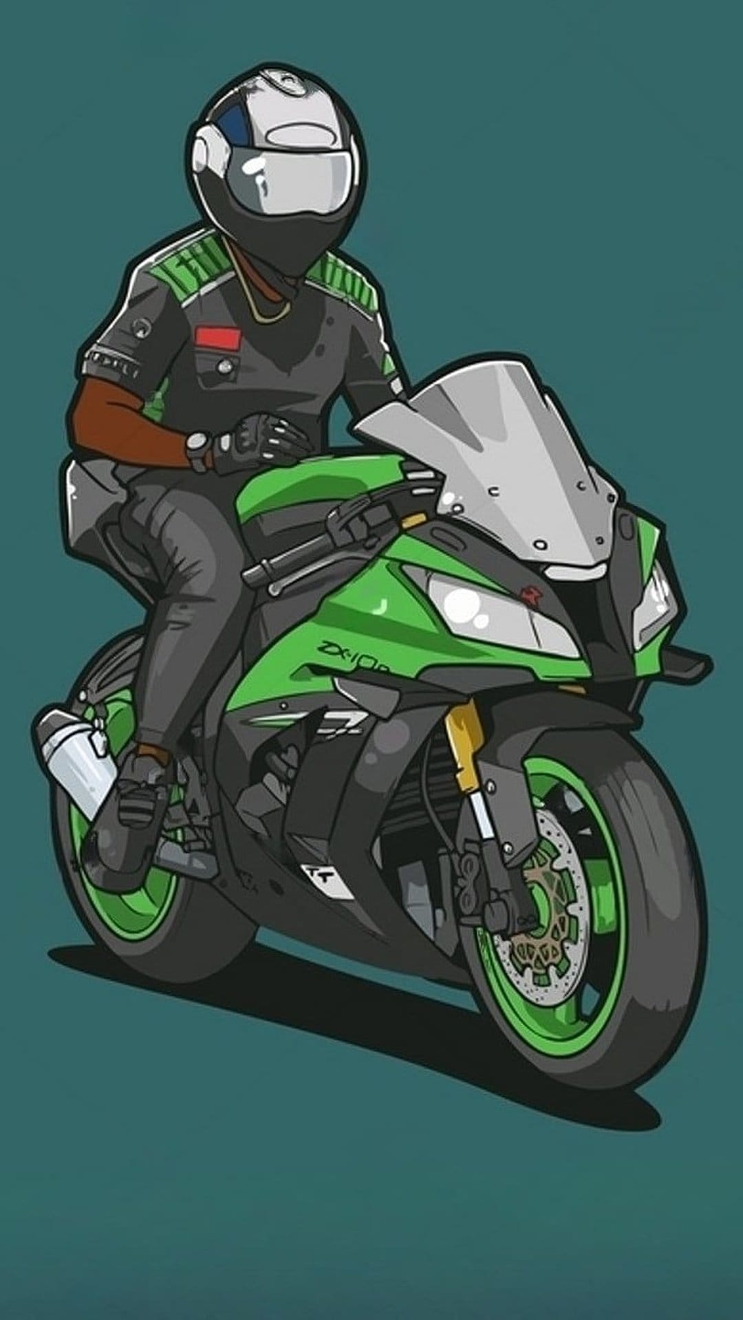 Masked motorcyclist in black gear riding a neon green sportbike against a minimalist background for phone screens.
