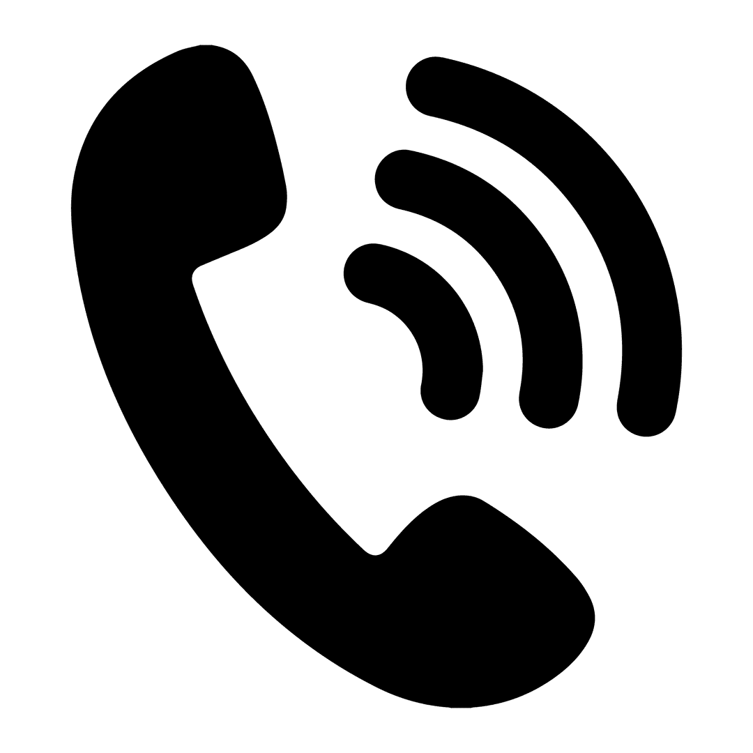 Black call logo png featuring a solid telephone handset silhouette with ringing signal waves on the side.