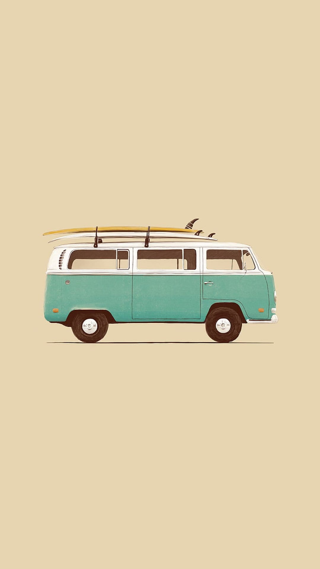 Teal and white vintage bus with two surfboards on a roof rack against a plain beige background in minimalist style