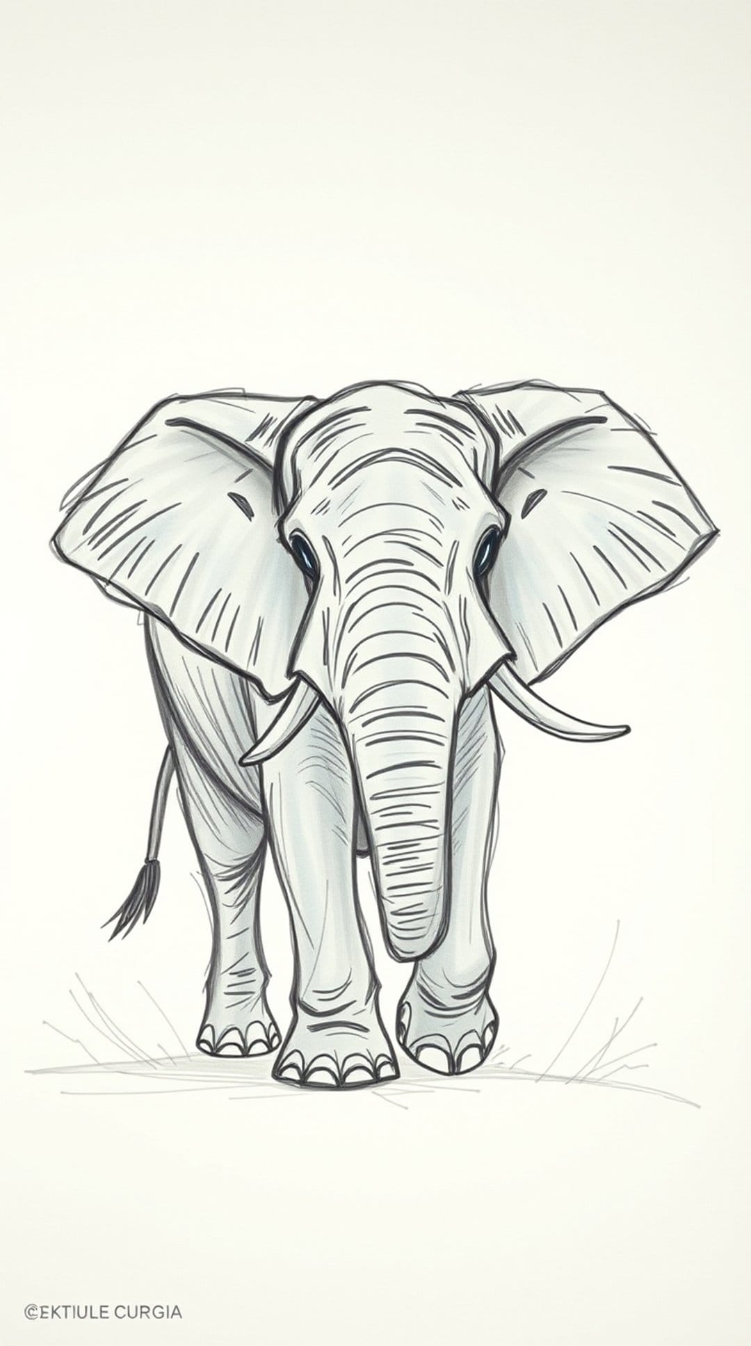 Elephant with large tusks and wrinkled trunk faces forward in a grey-toned sketch with heavy black outlines.