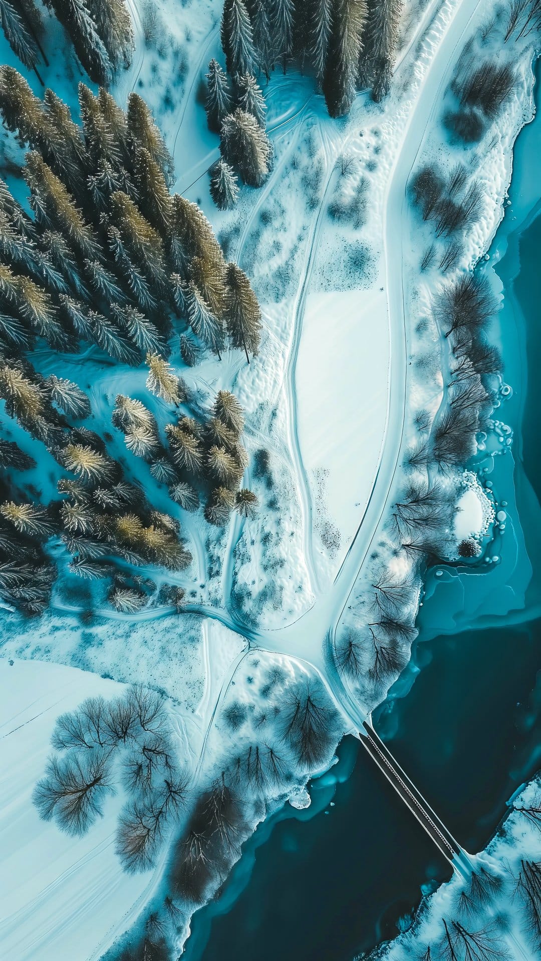 Snow-covered evergreen trees surround a partially frozen deep blue lake with a small bridge and a winding forest path.