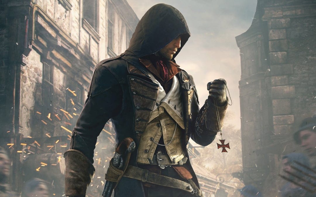 Hooded assassin in blue robes holds a red Templar cross pendant amidst smoke and sparks in a Parisian street.