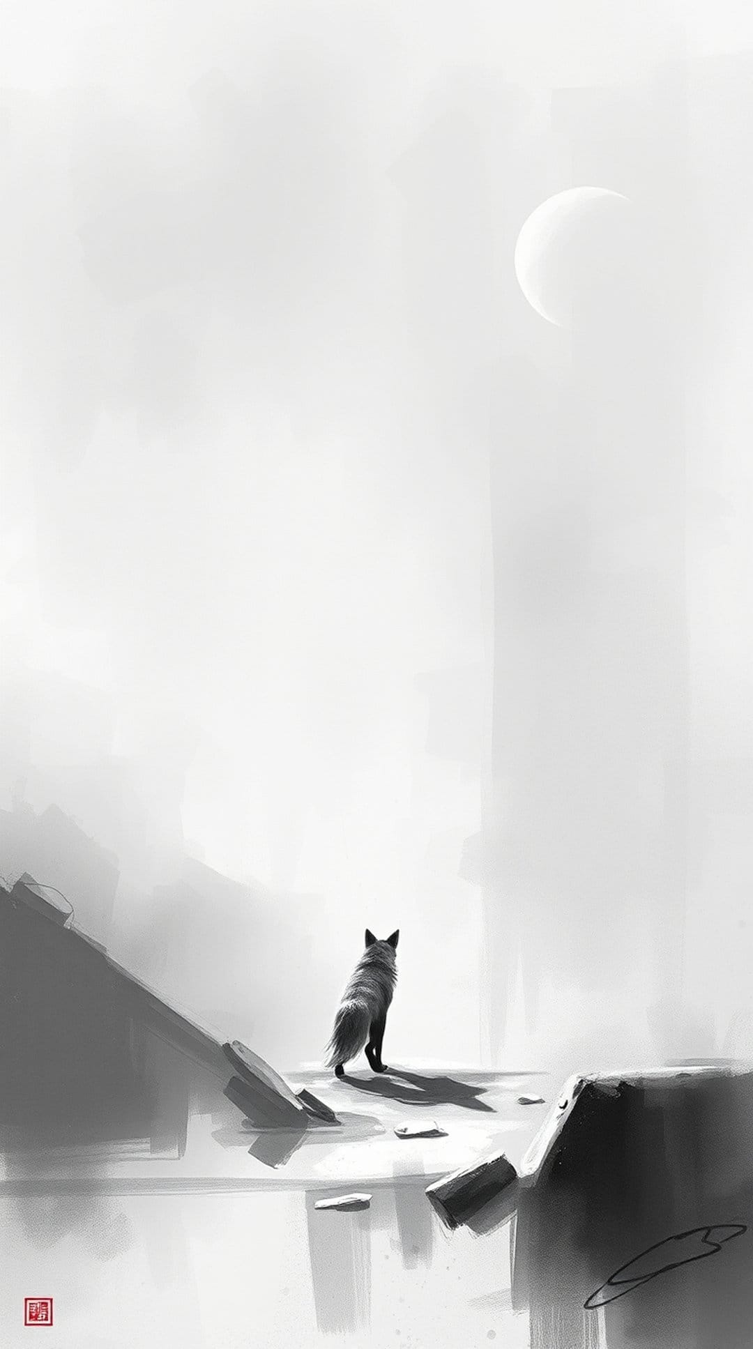 Wolf silhouette stands before a crescent moon in a foggy monochrome landscape with scattered rocks and mist.