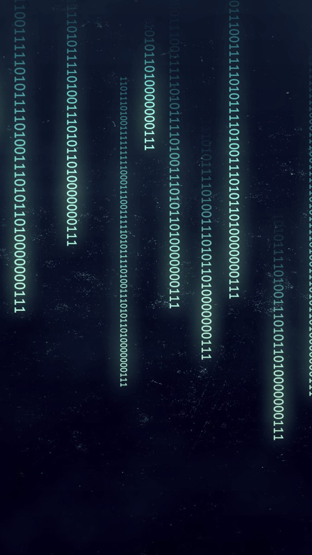 Green binary digits cascade vertically over a dark textured surface with subtle depth and bokeh effects.