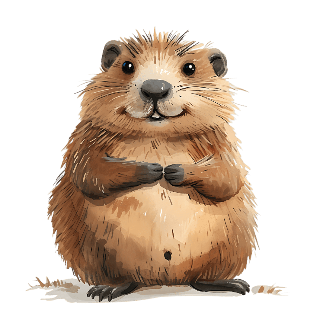 Groundhog watercolor illustration shows a brown woodchuck mammal with clasped paws and soft fur texture detail.