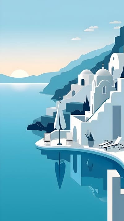 sea,buildings,coast,mountains,blue,art