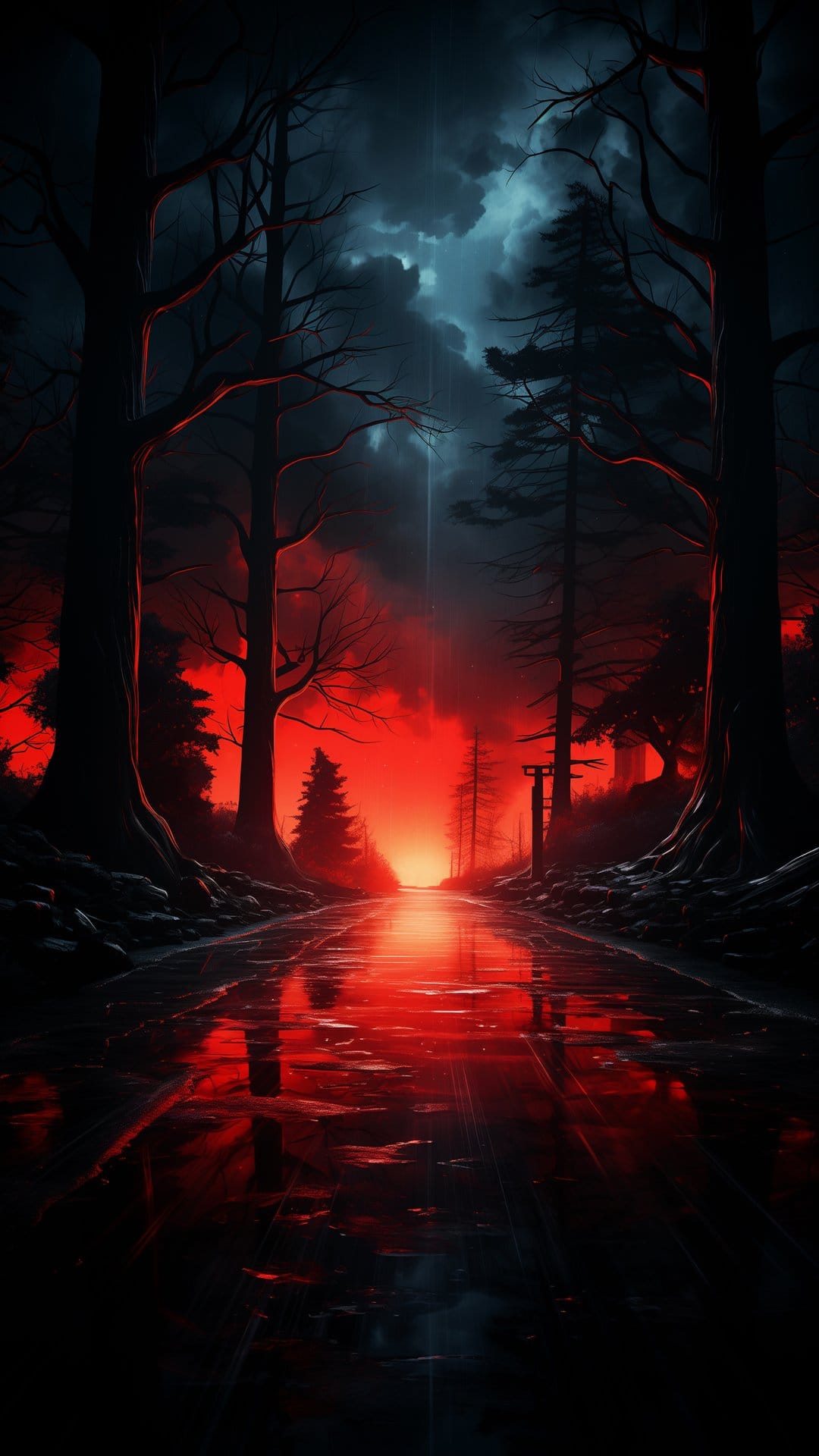 Dark forest road reflecting a scarlet horizon under heavy storm clouds during a moody twilight for a lock screen.