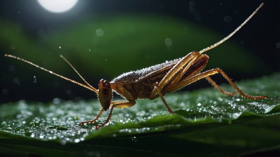 Grasshopper with translucent green limbs perches on a leaf covered in spherical water droplets against a dark background.