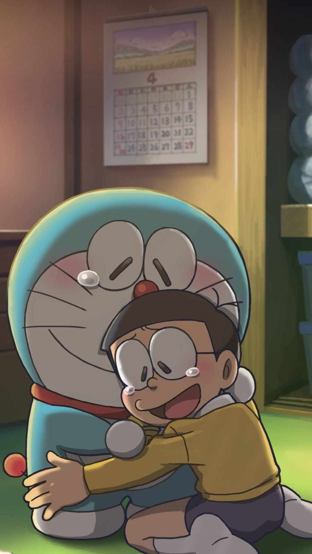 Nobita hugs Doraemon while both characters shed tears of joy and relief against a soft indoor background.