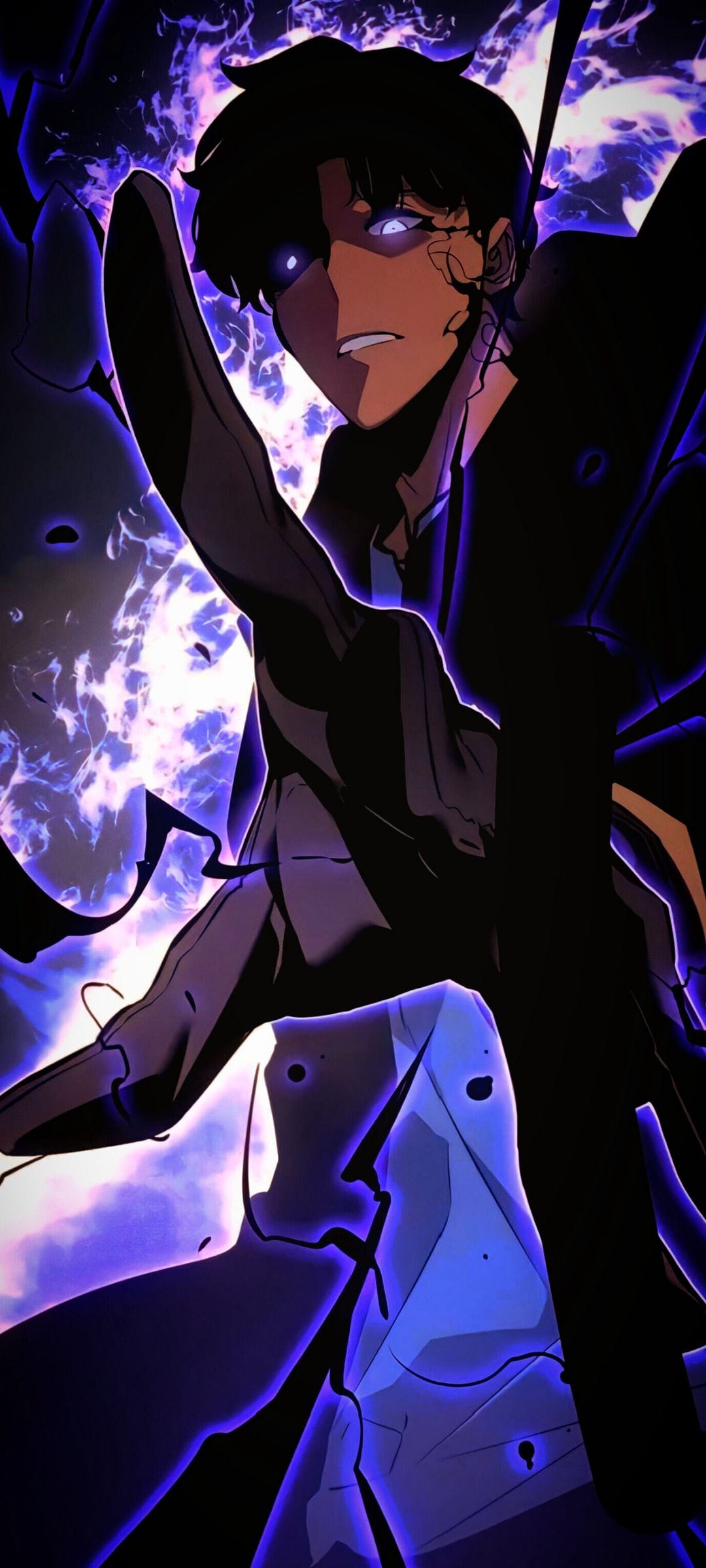 Sung Jinwoo with glowing purple eyes surrounded by dark swirling shadows and vibrant violet magical energy.