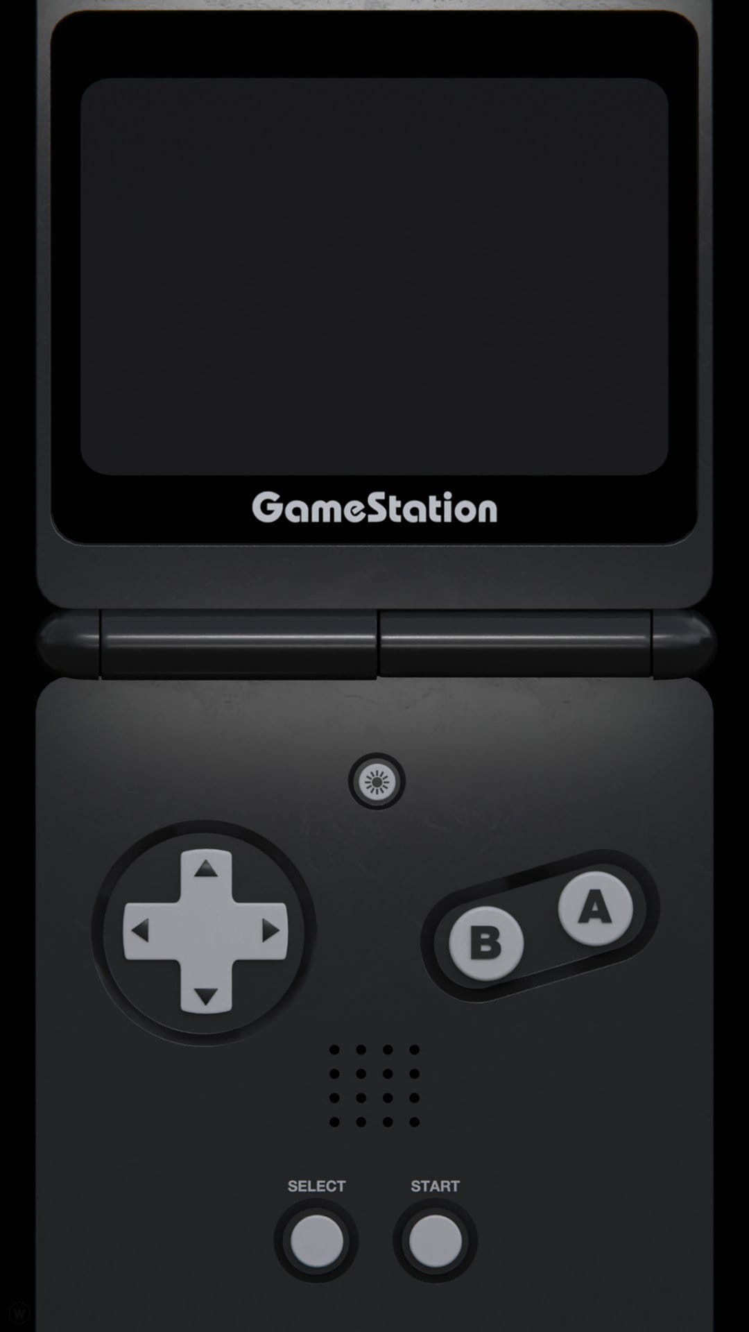 Black handheld gaming console with a matte finish, large screen, D-pad, and circular AB buttons.