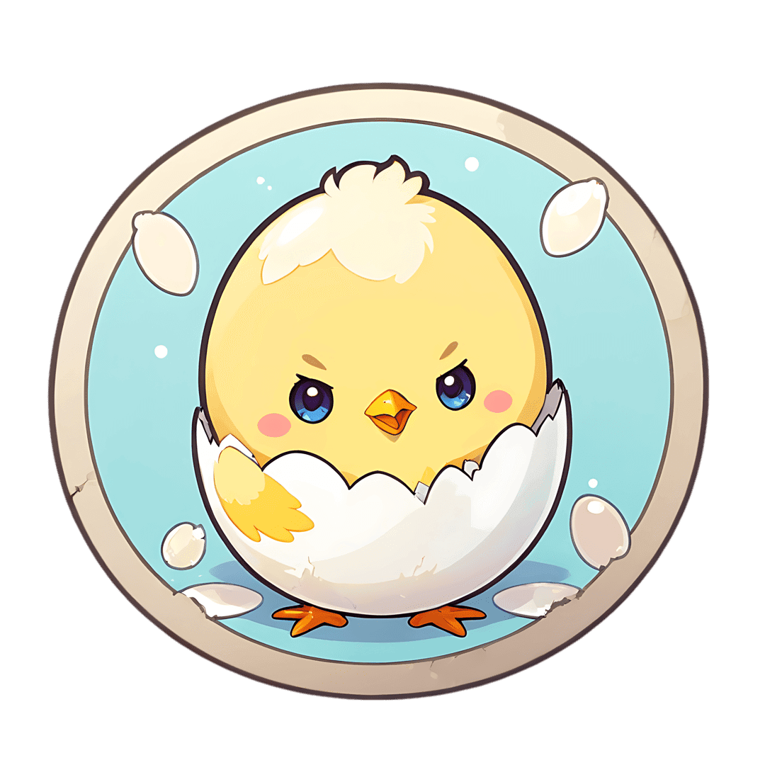Hatching yellow chick with fluffy down texture and blue eyes emerging from a cracked egg inside a round frame.