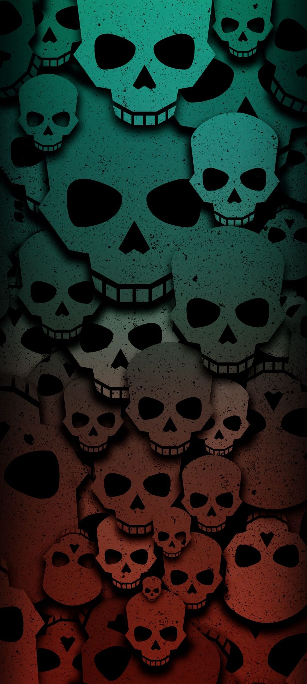 Stylized skulls with hollow eyes form a dense pattern transitioning from teal to red with a grainy texture.
