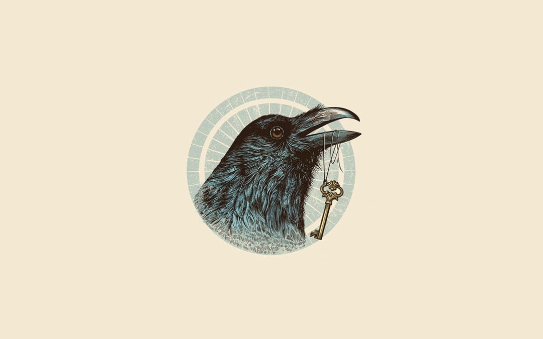 Raven clutching an ornate brass key in its beak against a pale circular sunburst with textured dark feathers.