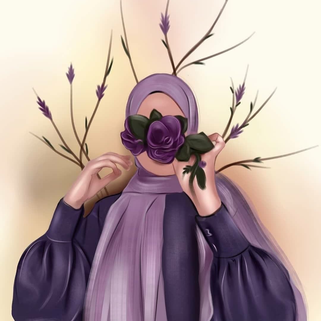 Woman in a purple hijab holds two violet roses over her eyes, framed by delicate wildflowers and branches.