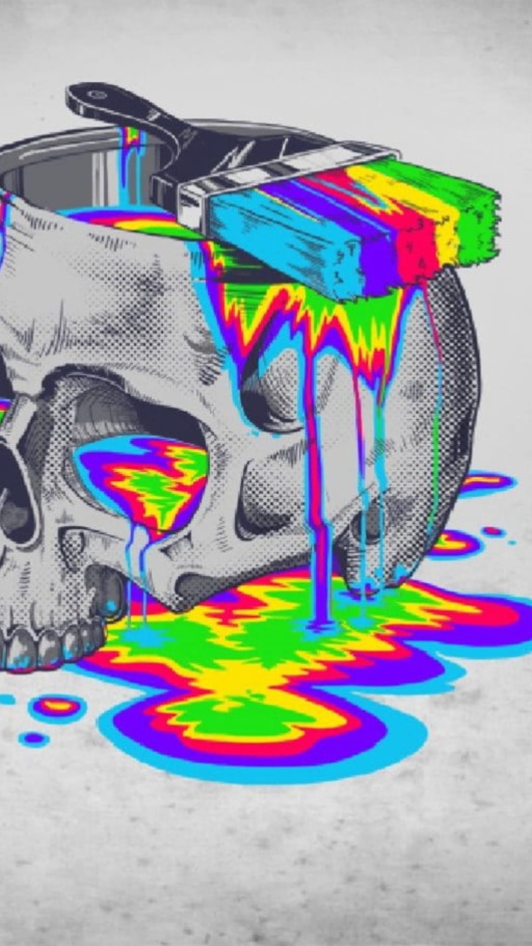 Grayscale human skull with a paintbrush on top dripping thick neon rainbow paint from its hollow eye sockets.