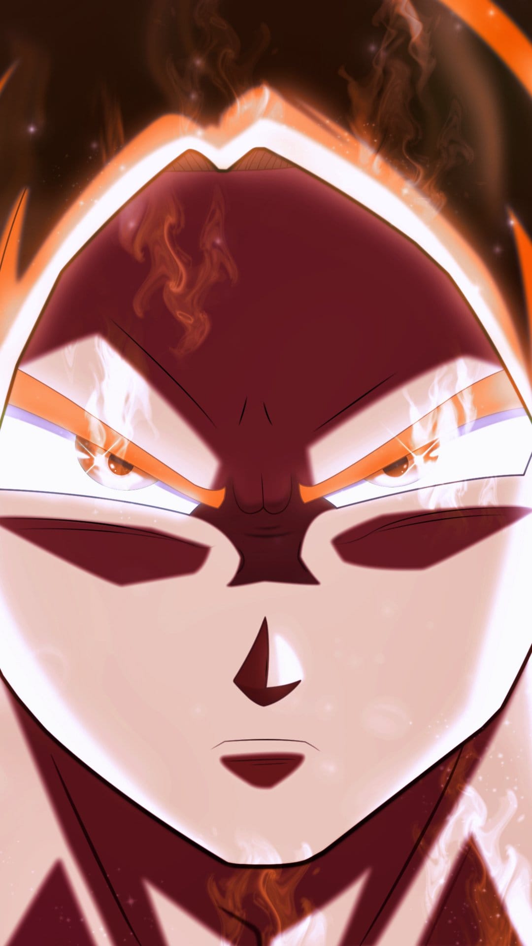 Goku with glowing silver eyes and rising orange energy tendrils during his Ultra Instinct Omen transformation.