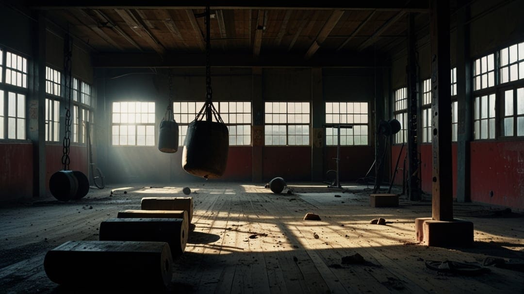 Heavy leather punching bags hang in a sun-drenched abandoned gym with dust motes and a weathered wooden floor.