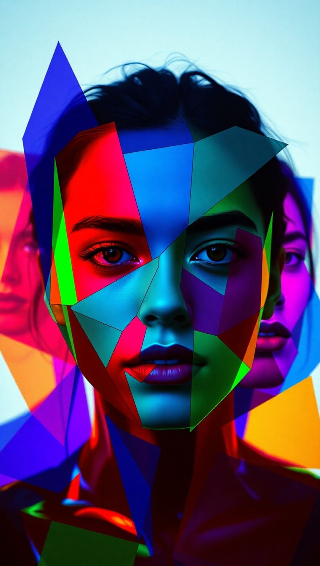 Woman with a face made of sharp geometric polygons and vibrant neon colors set against a soft gradient.