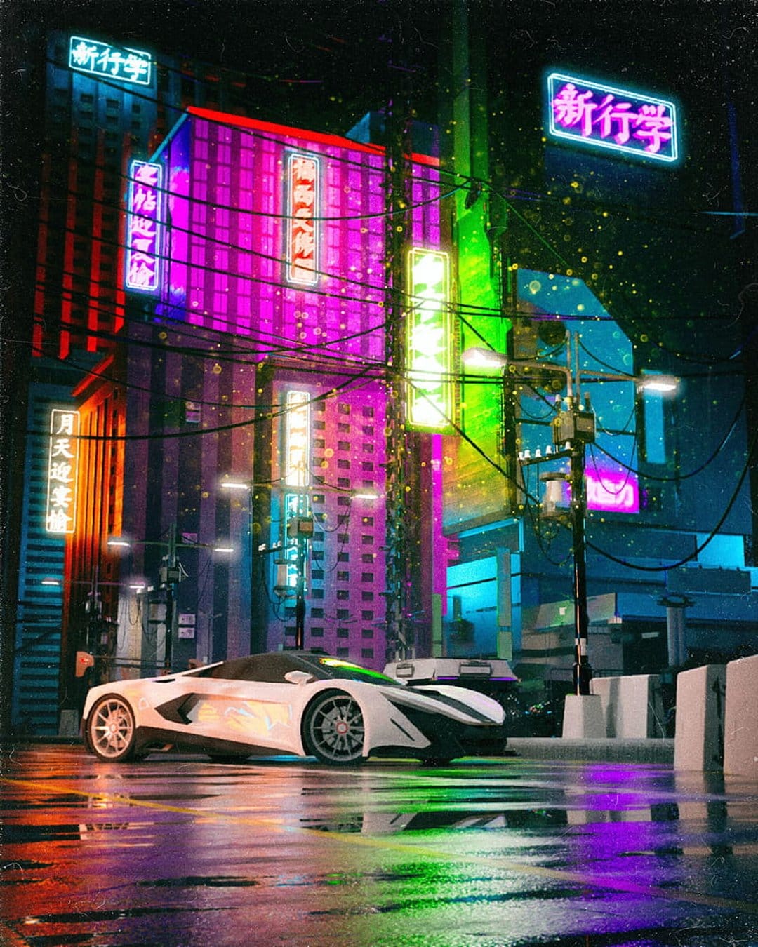White sports car parked on a wet street surrounded by glowing pink and green neon signs in a futuristic city.