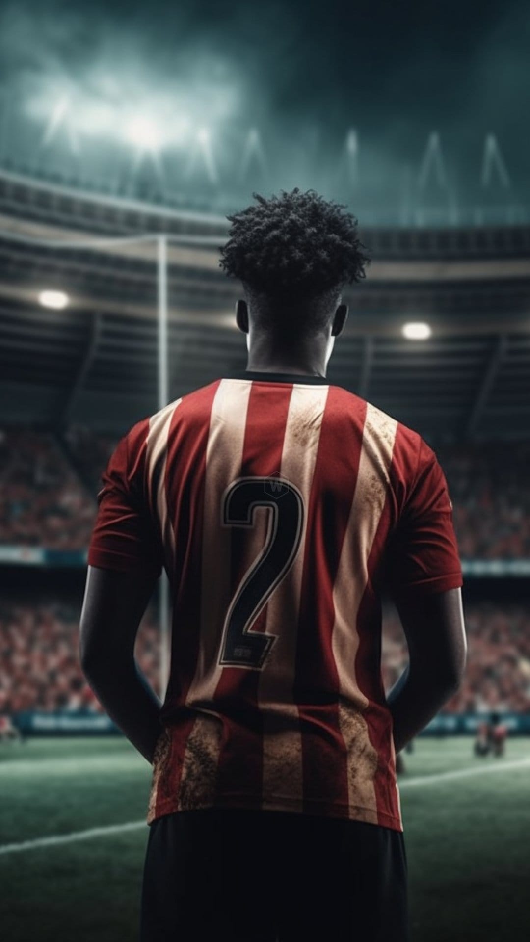 Football player in a red and white jersey seen from behind under glowing stadium floodlights at a night game.