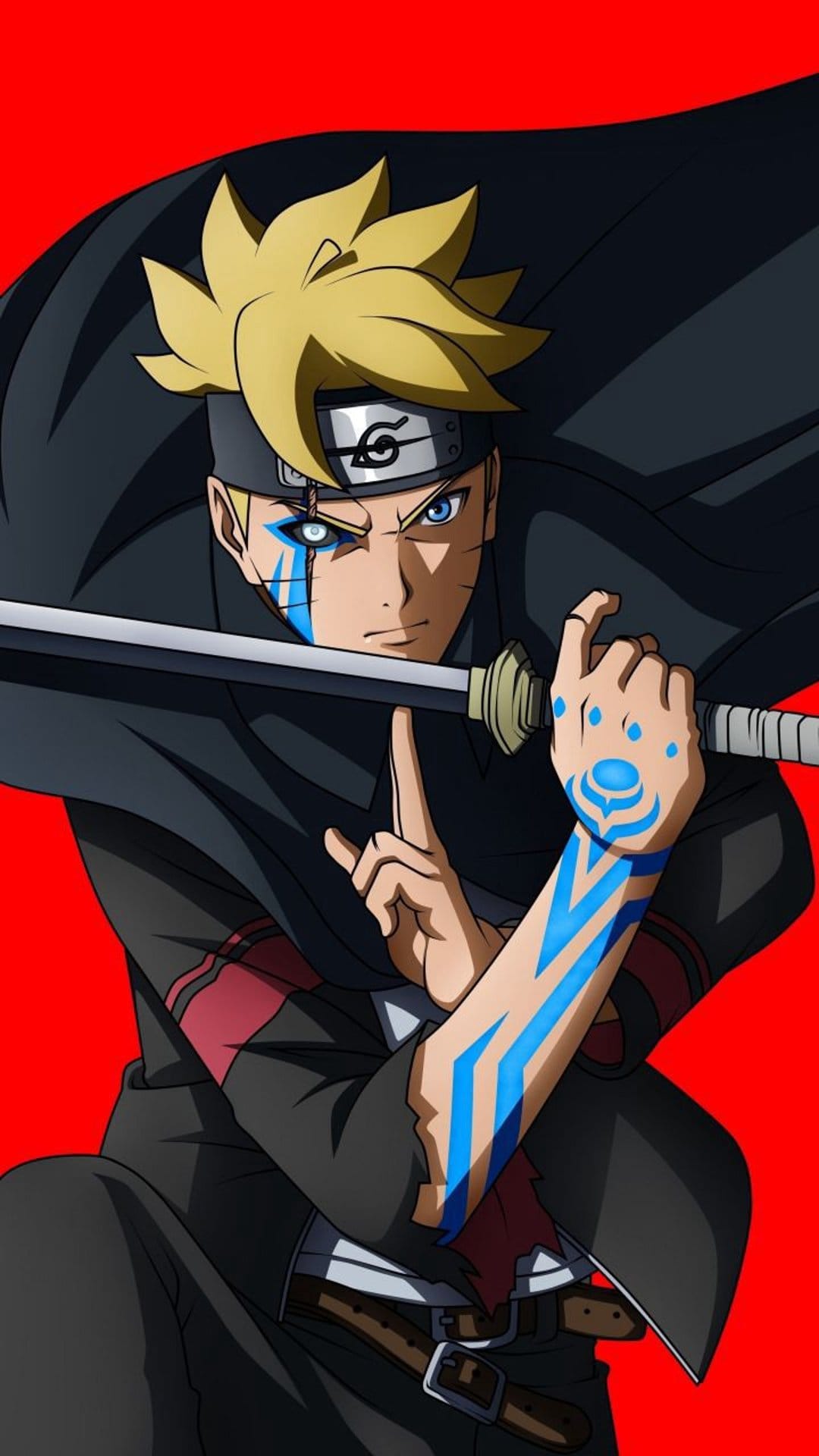 Boruto Uzumaki holds a sword while his Jougan eye and Karma mark glow against a vibrant red background.