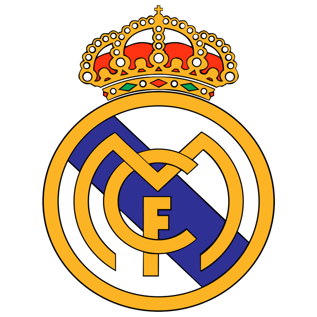 Real Madrid crest logo featuring a gold crown above a circular frame with a blue diagonal sash and monogram.