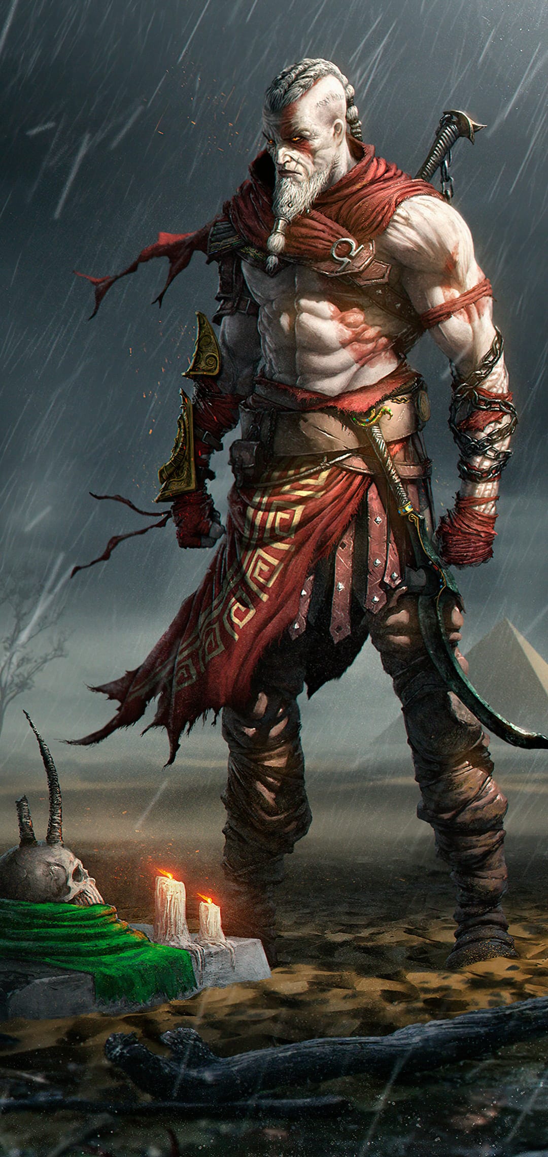 Muscular warrior with red war paint stands in rain near a pyramid with a horned skull and candles in foreground.