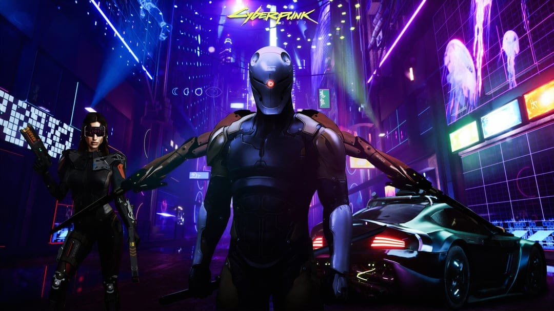 Four-armed cyborg ninja and a woman with a gun stand before a futuristic black car in a neon purple city.