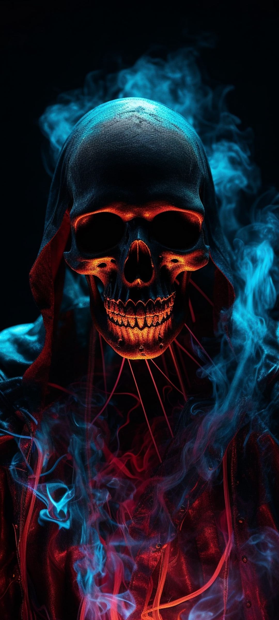 Menacing skull with glowing orange eyes emerges from swirling red and blue smoke against a dark background.