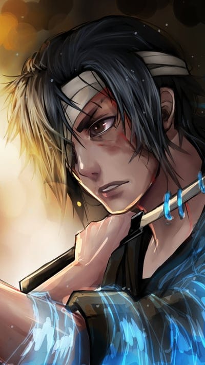 Anime Style, Digital Art, Fantasy, Male Character, Scars, Bandana, Warrior, Intense Look, Blue Glow, Sword, Dark Hair, Resolve, Close-up, Battle-hardened