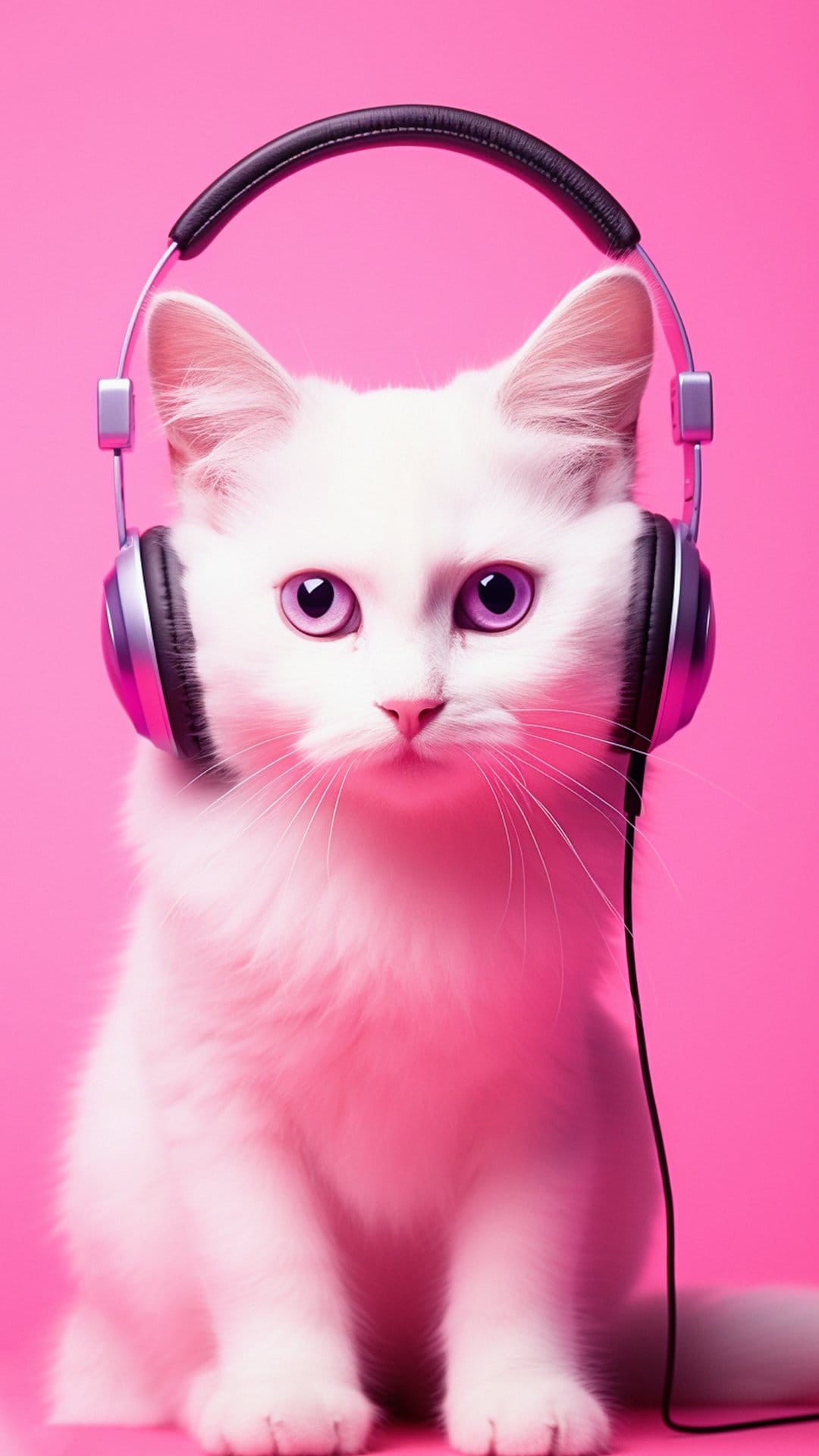Fluffy white kitten with violet eyes wearing silver headphones against a solid, vibrant pink studio background.