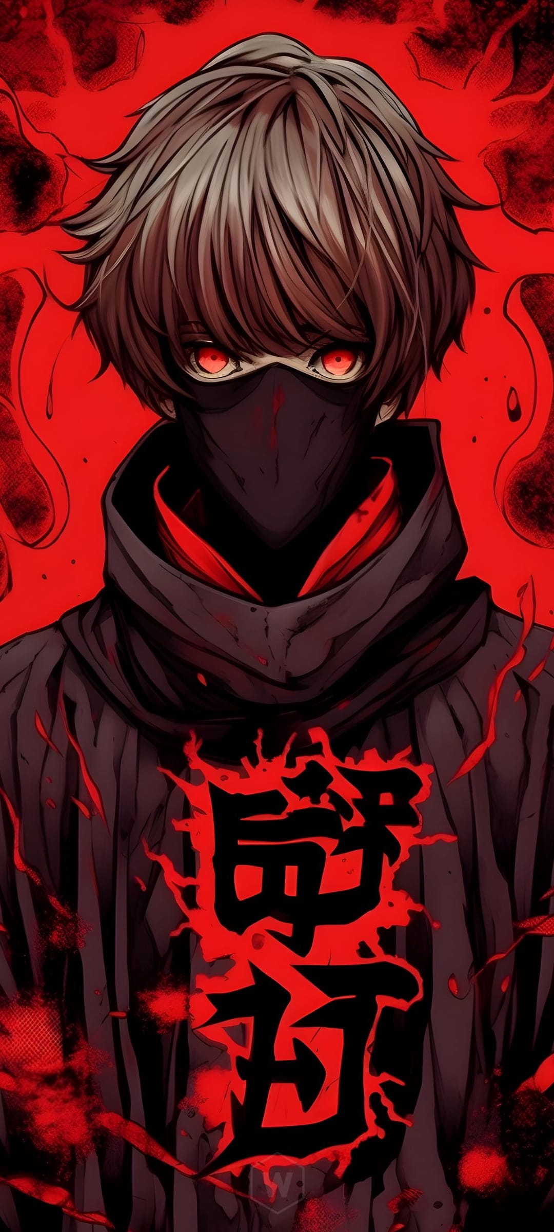 Hooded ninja wearing a black mask with glowing red eyes and fiery Japanese kanji on a crimson background.