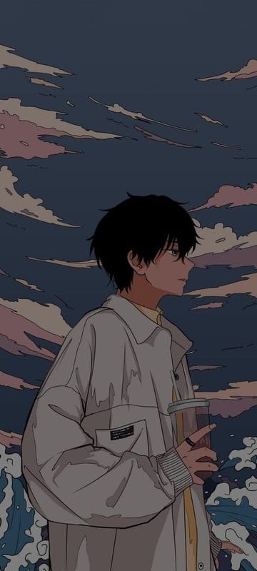 guy,anime,art,brunette,clouds,drink