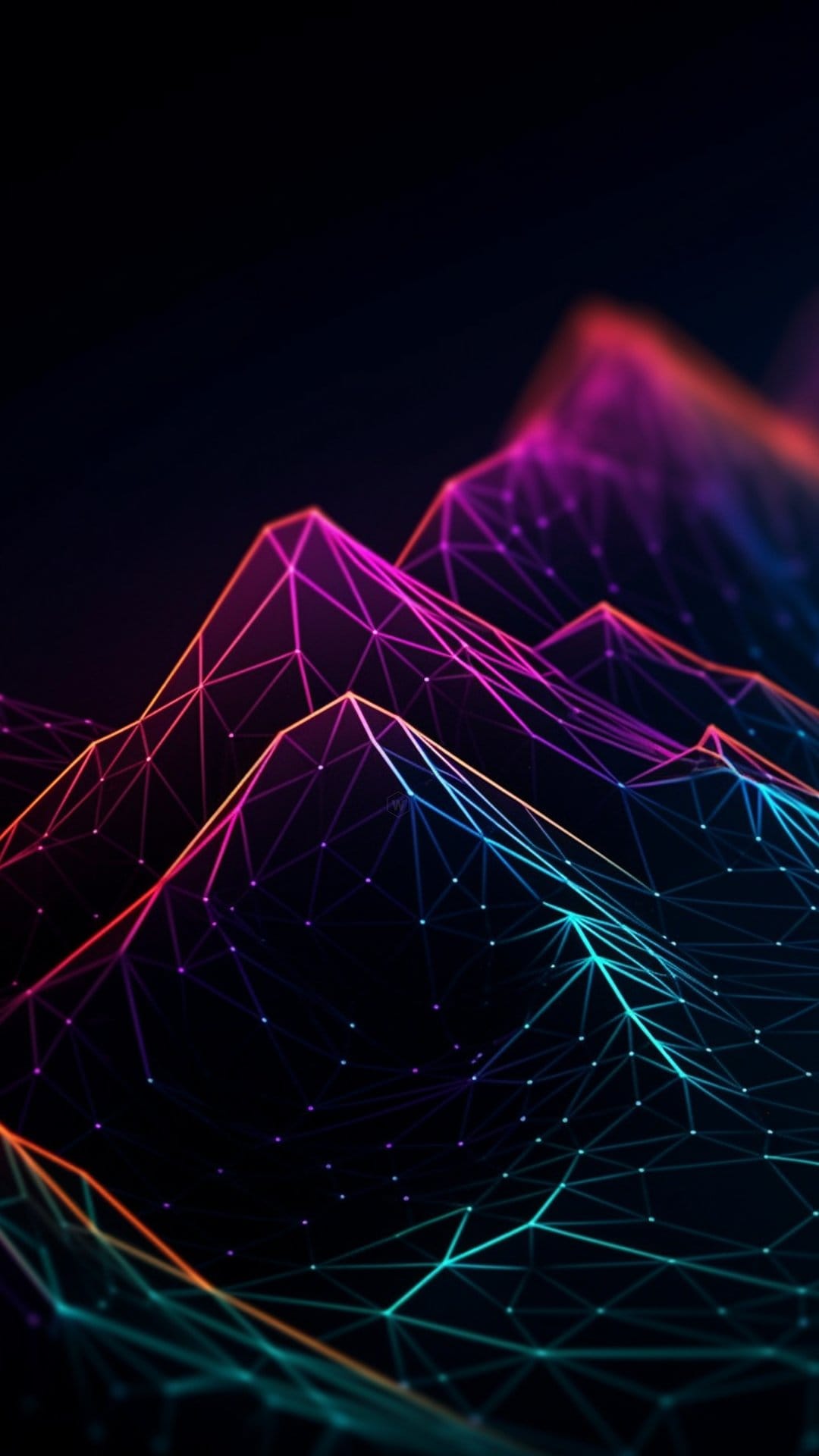 Neon wireframe mountains in pink and purple glow against a dark starry sky in a vertical topographic landscape.